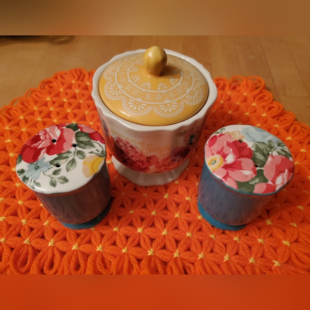Pioneer Woman Sugar Bowl Salt & Pepper Shakers Set Blossom Jubilee Floral